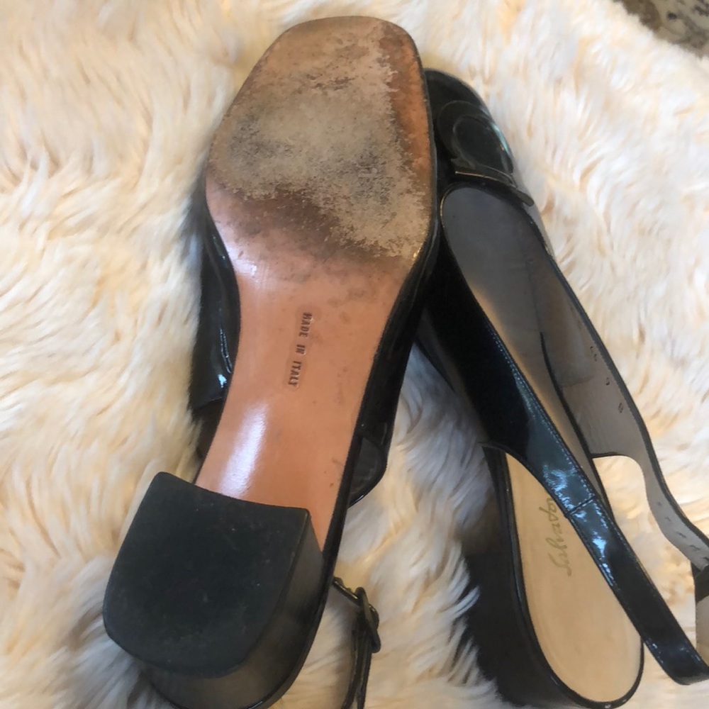 Black Patent 80’s Ferragamo Slingbacks, size 9 with medium wear.
